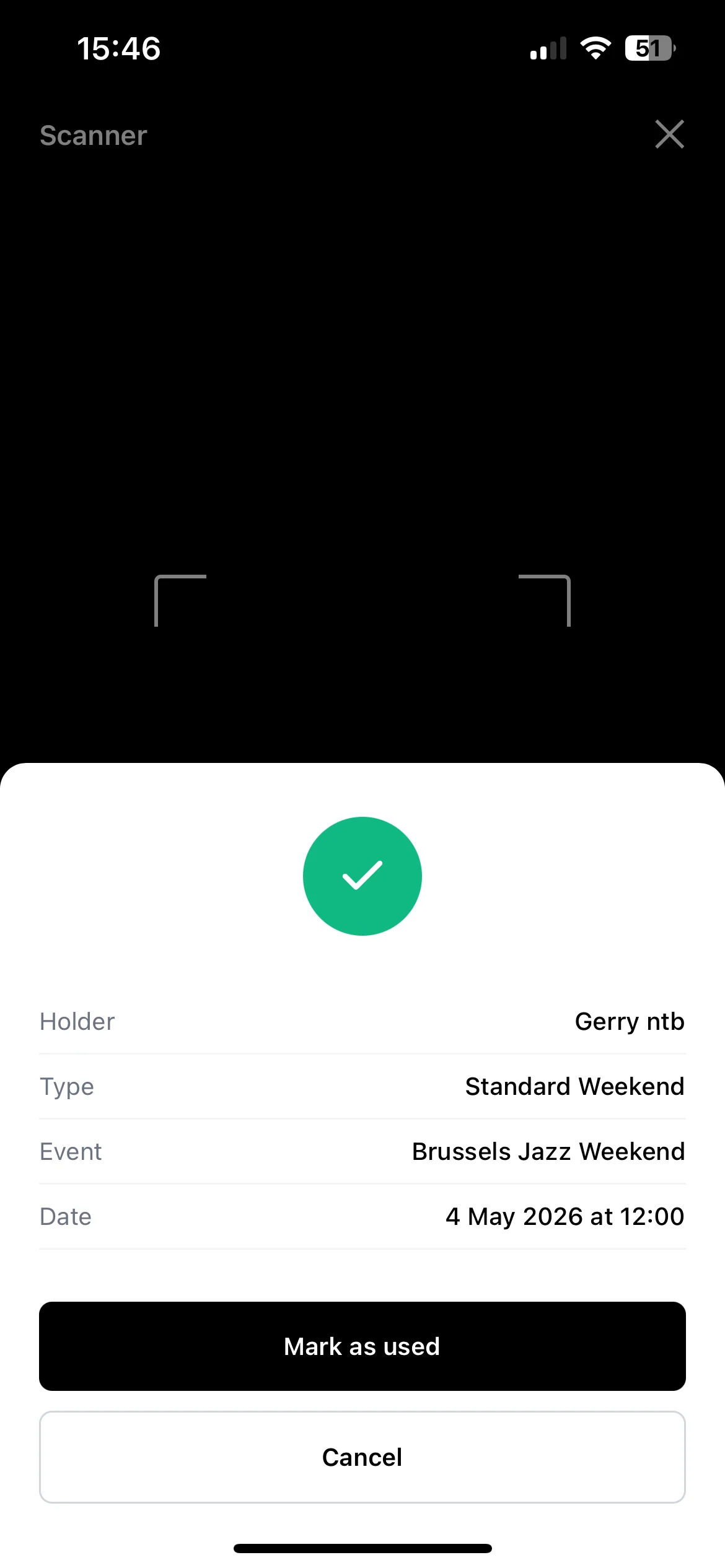 Ticket scan result showing valid admission status