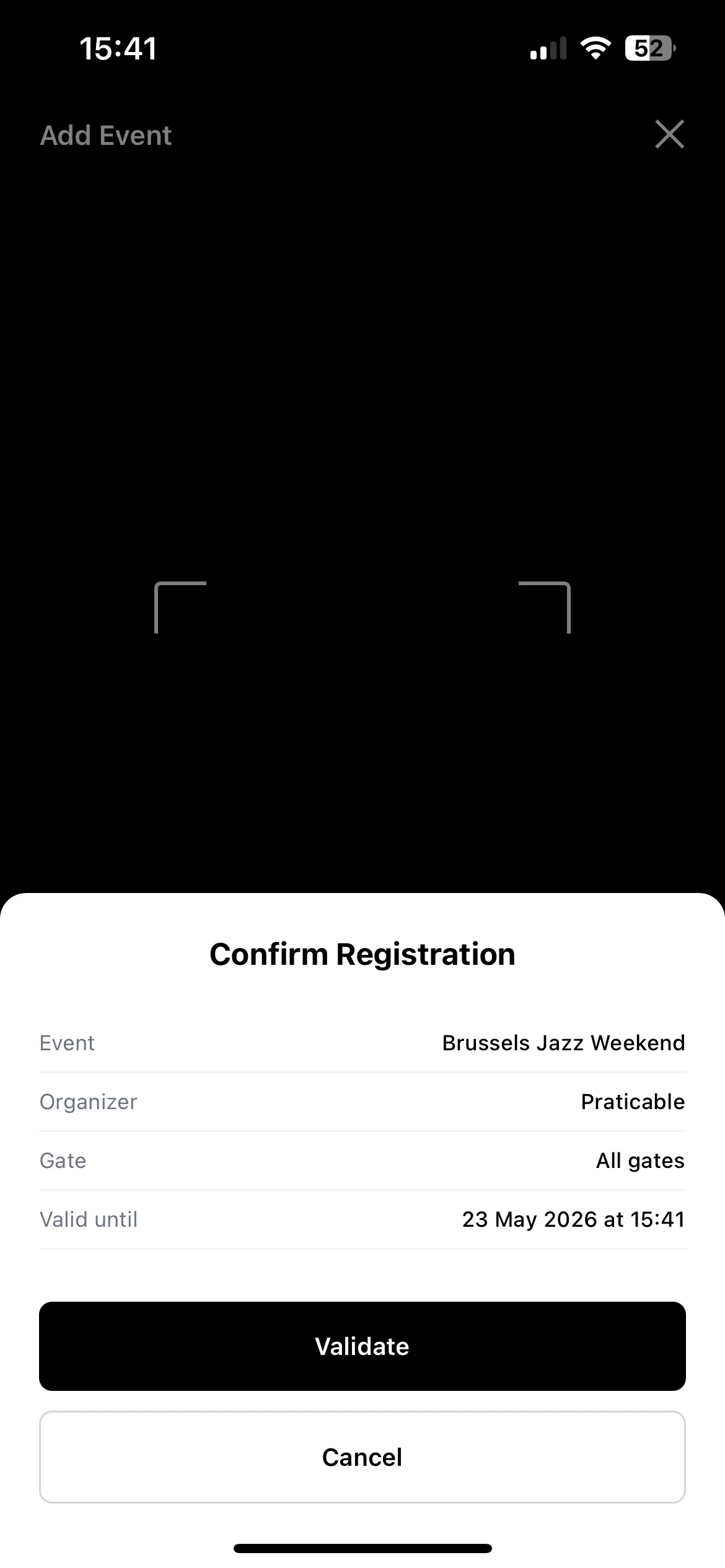 Praticable Scan app selecting an event for ticket scanning